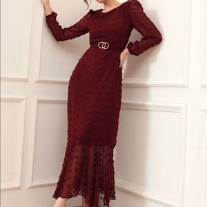 SHEIN Swiss Dot Belted Mermaid Hem Dress